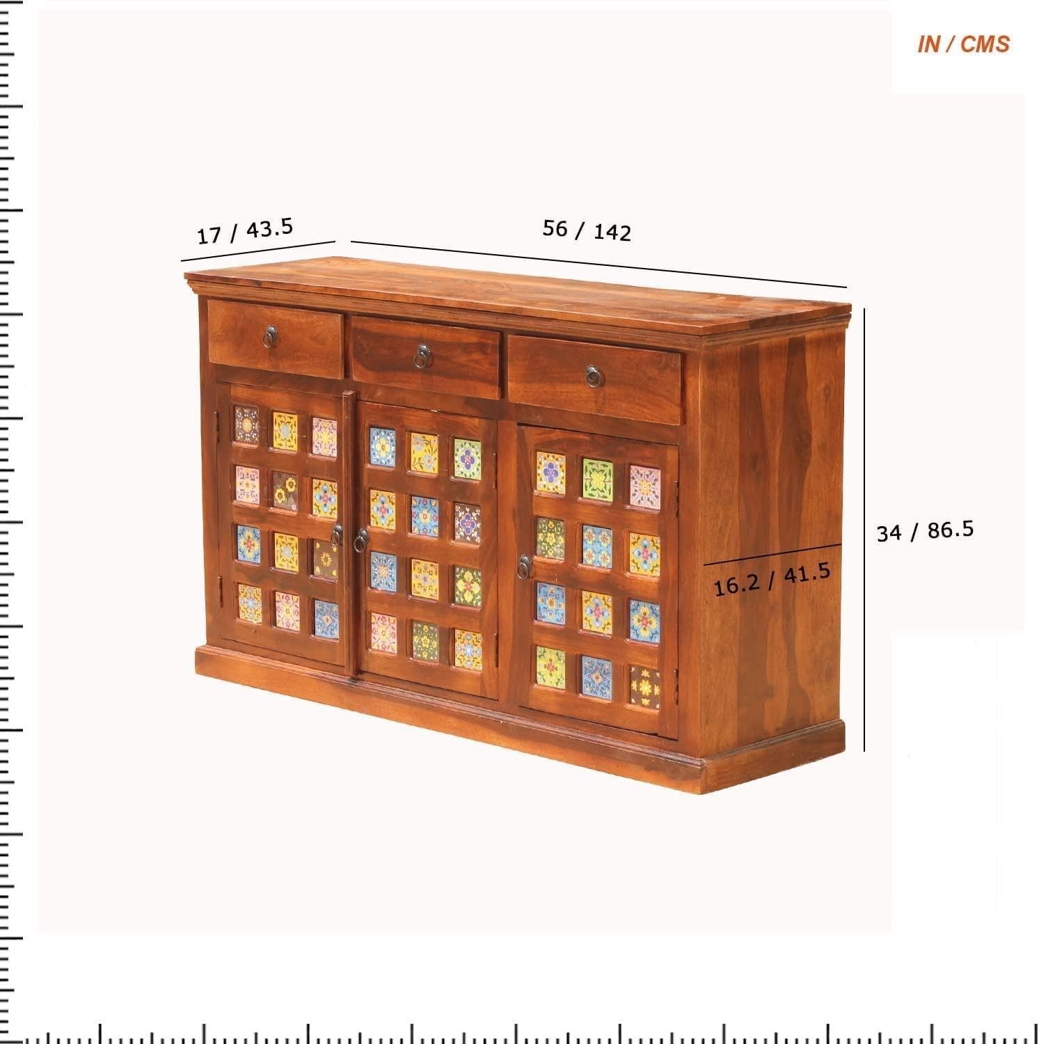 Pooja Art & Craft Solid Sheesham Wood Sideboard Tv Cabinet for Living Room | Free Standing Movable Tv Unit Side Board Table with 3 Drawer & 2 Cabinet Storage Furniture for Home | Honey Finish | Online Shop