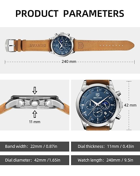 Sapphero Watches for Men Quartz Chronograph 10ATM Waterproof Brown Leather Men